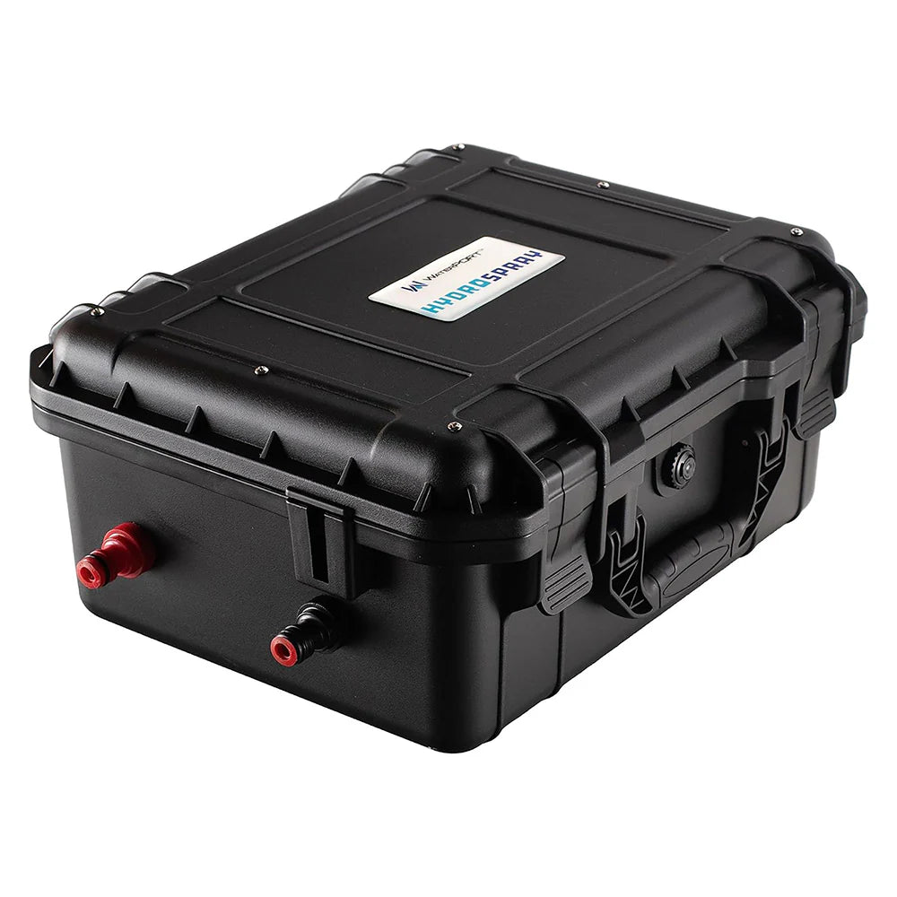 A black portable HydroSpray pump system with red connectors, housed in a weatherproof case.