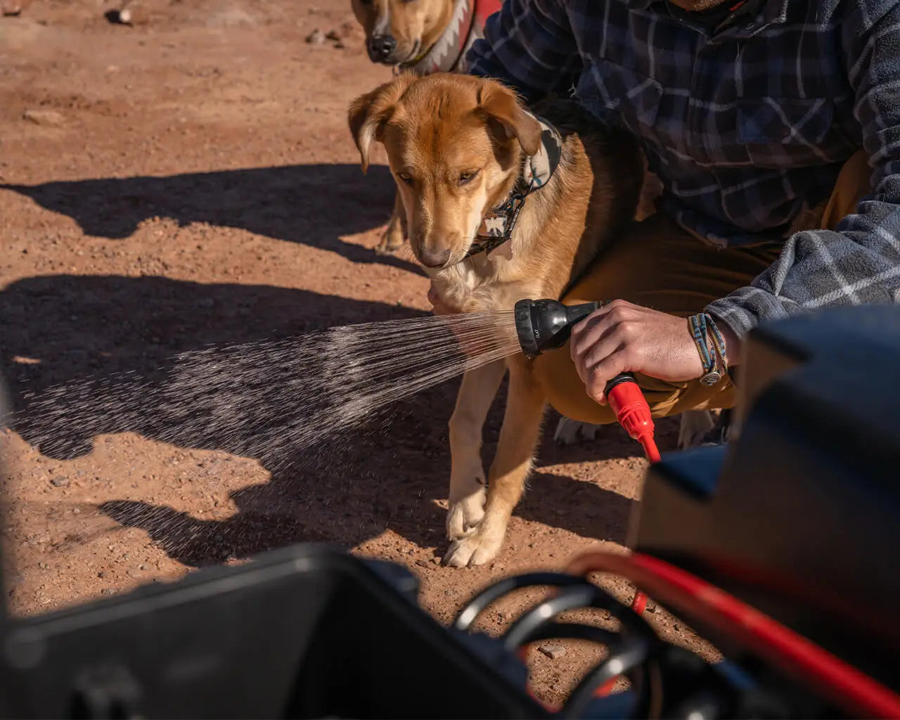 Water spraying from a spray nozzle powered by a HydroSpray with a person holding a dog in a natural setting